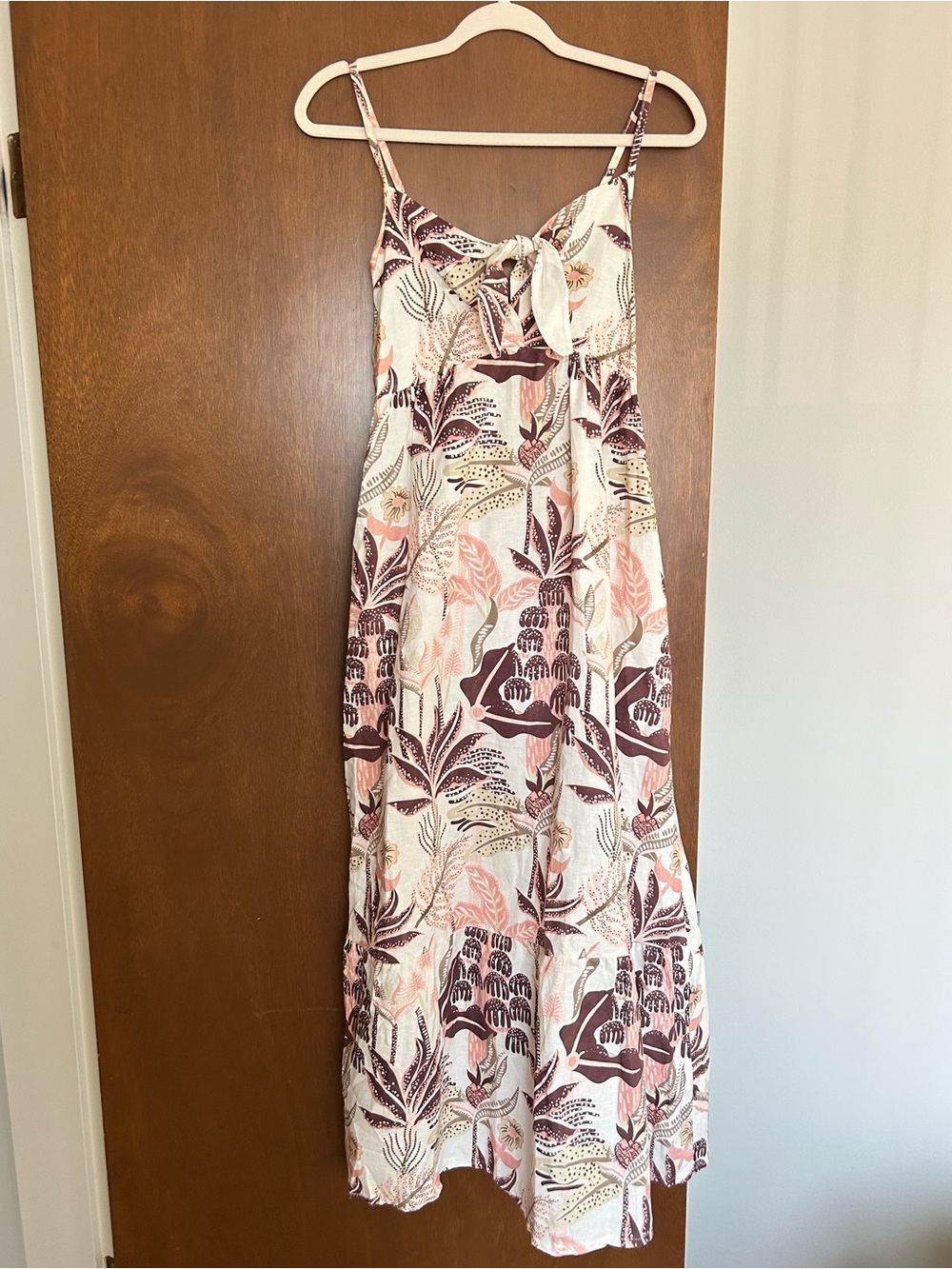 Tropical Print Tie-Front Maxi Linen Dress in Blush and Mauve